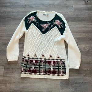 Vintage granny grandma sweater longer length floral/plaid FLAW hand knit size M